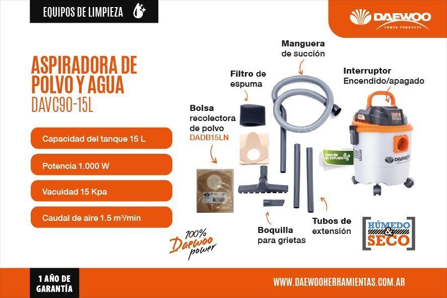 Aspiradora De Tacho Polvo Y Agua 1000w Daewoo Davc90-15L-6