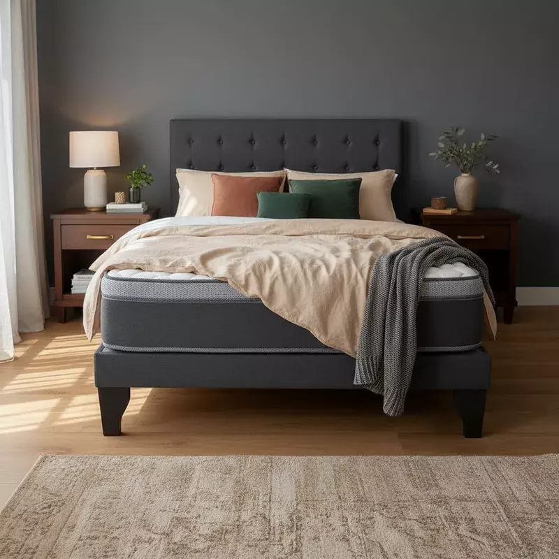 Cama Europea Super King + Respaldo Abotonado Marengo +Colchón 200x200-1