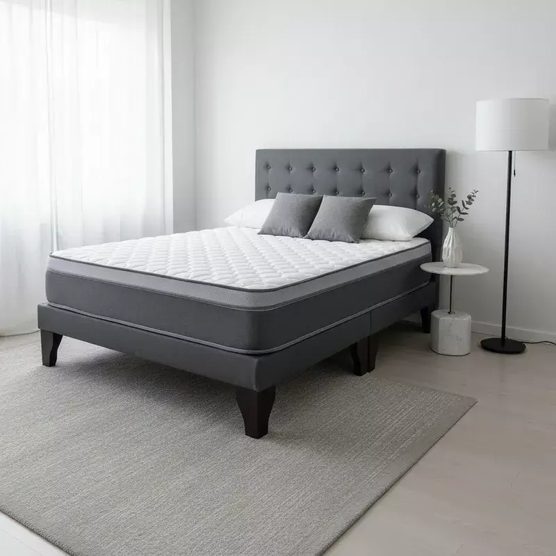 Cama Europea Super King + Respaldo Abotonado Marengo +Colchón 200x200-2