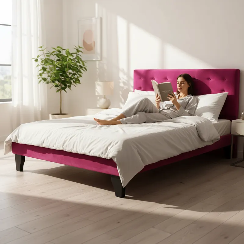 Cama 2 Plazas Abotonada Fucsia  FLOBAL, Incluye Base + Respaldo-3