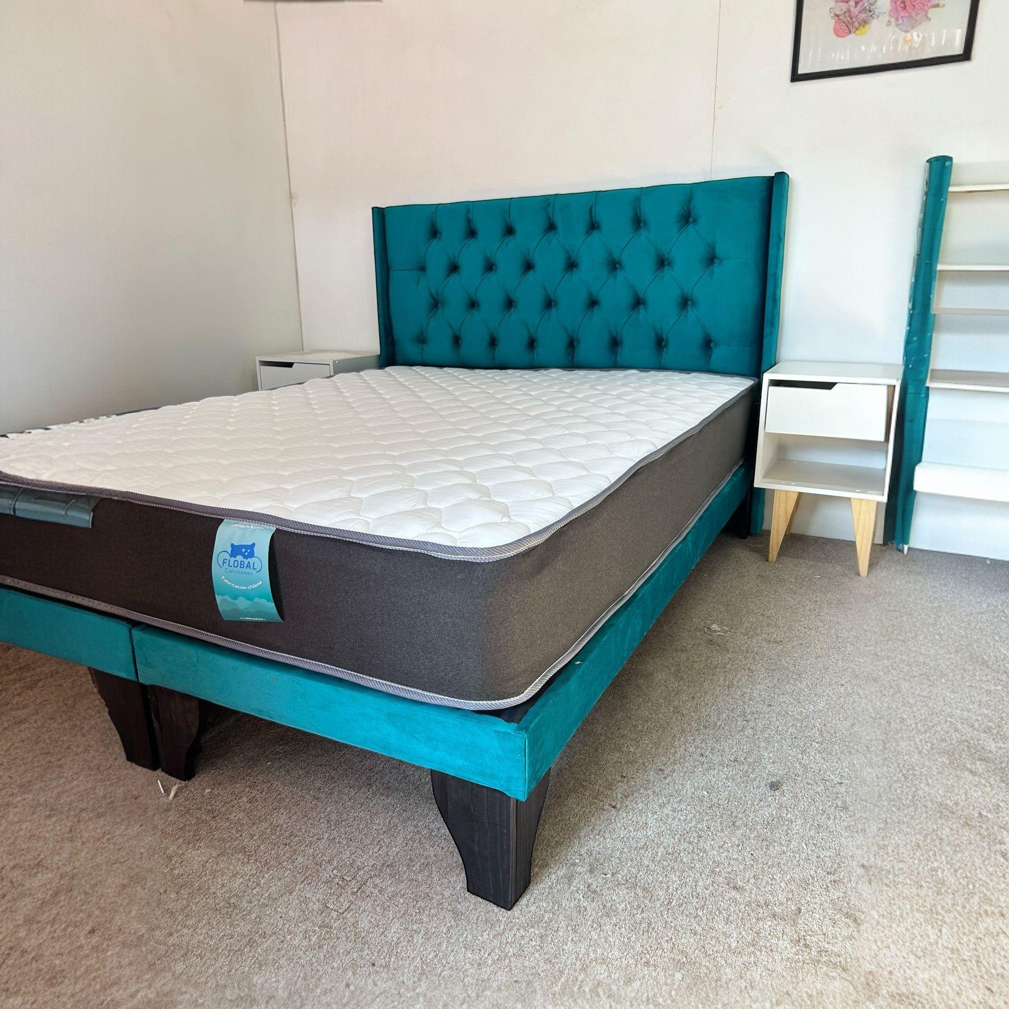 Cama SUPER KING Capitones Turquesa incluye Base Respaldo y Colchón de Resortes-2