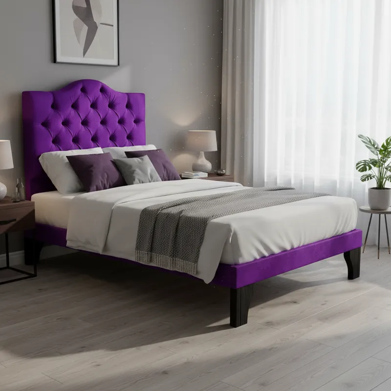 Cama 1,5 Plazas Ovalado, Incluye Base y Respaldo Morado Flobal-2