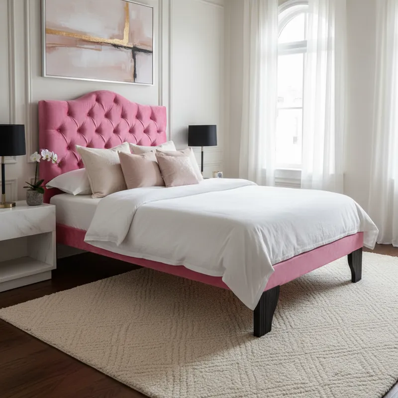 Cama 1,5 Plazas Ovalado, Incluye Base + Respaldo Rosado Flobal-4