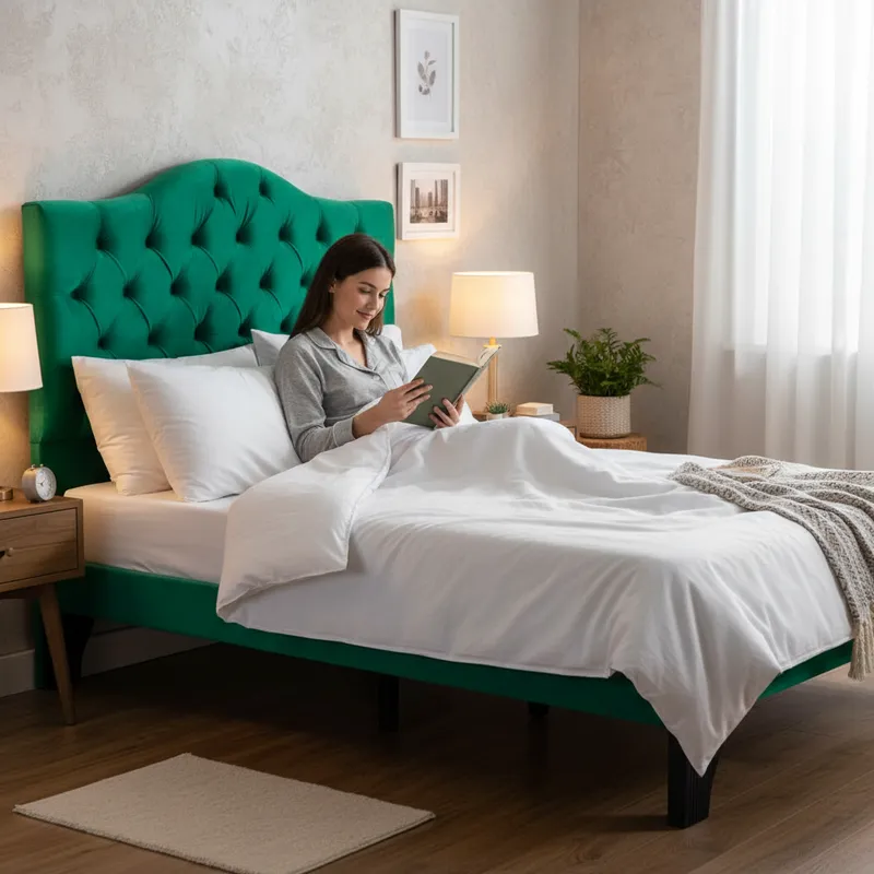 Cama 1,5 Plazas Ovalado, Incluye Base y Respaldo Verde Esmeralda Flobal-4