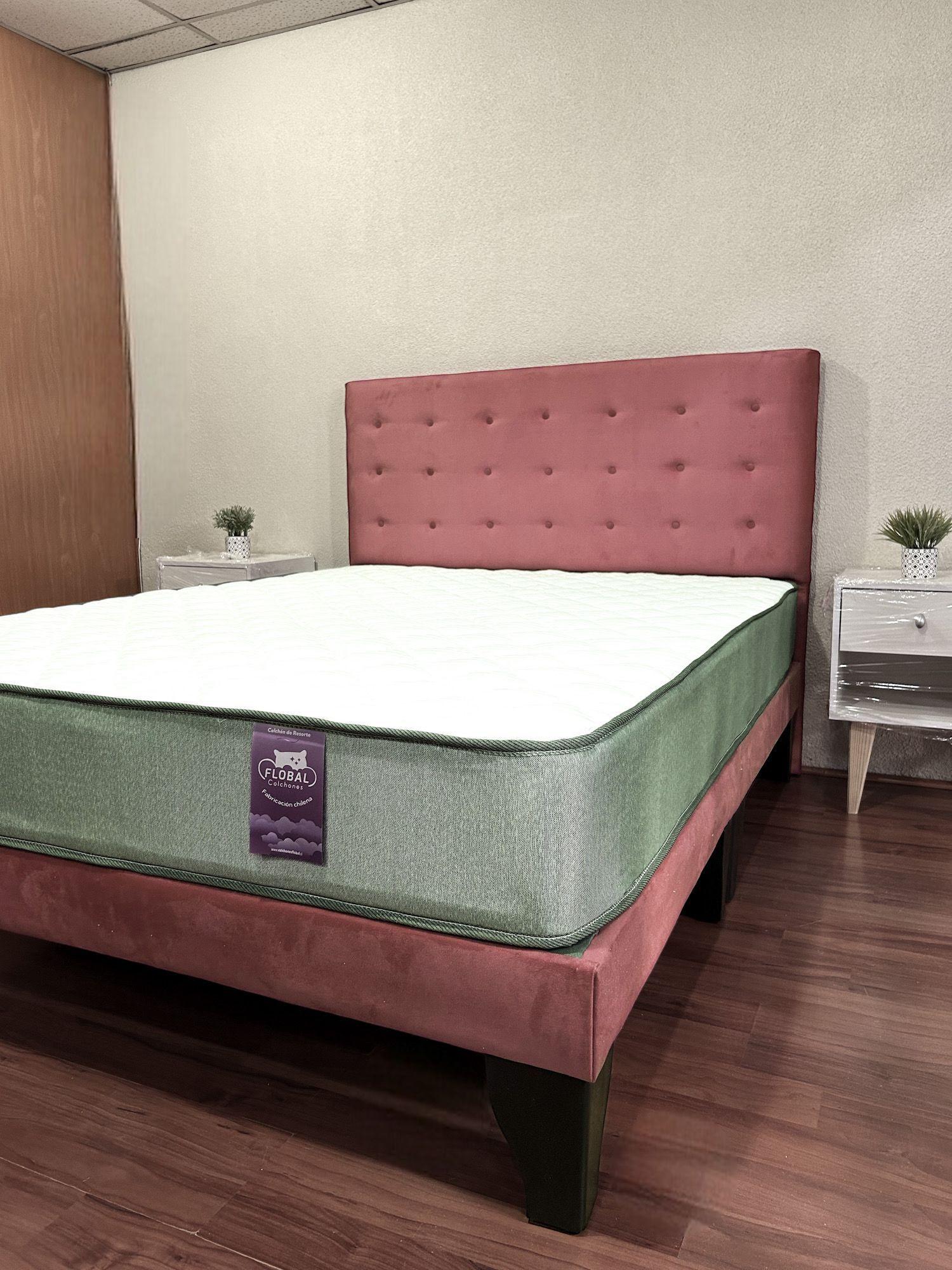 Cama 2 Plazas Abotonada 150X190cm + Respaldo Rosa + Colchon Flobal-4