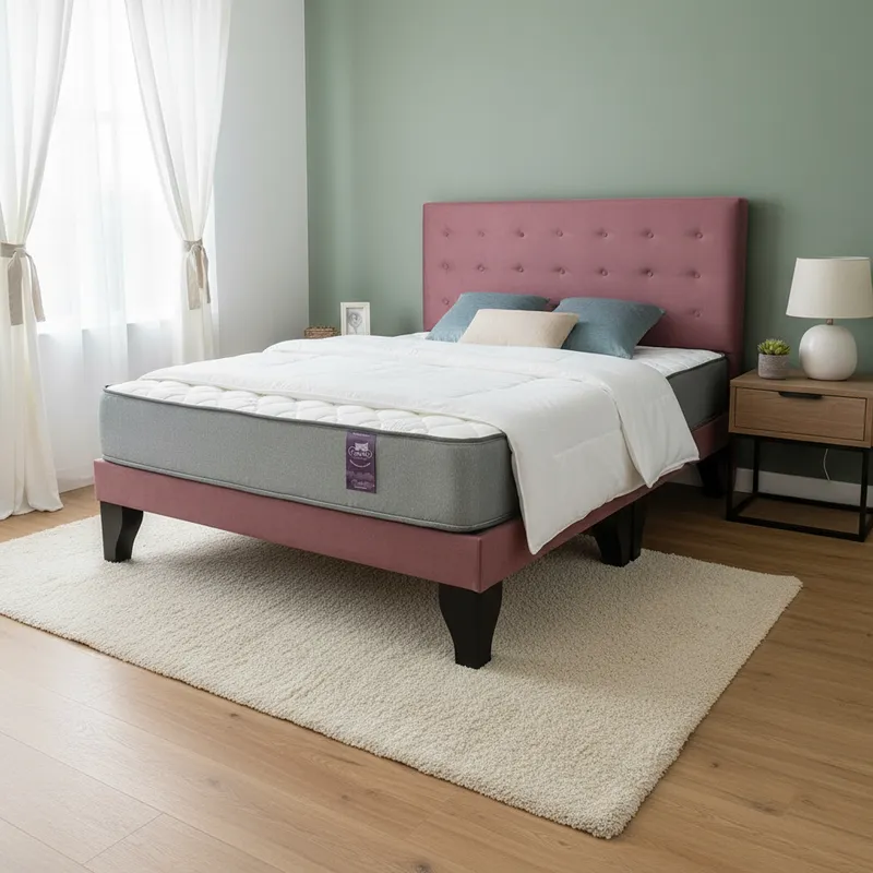 Cama 2 Plazas Abotonada 150X190cm + Respaldo Rosa + Colchon Flobal-3