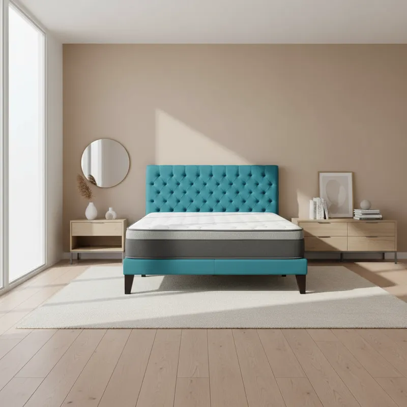 Cama Europea Super King + Respaldo Capitones Turquesa +Colchón 200x200-1