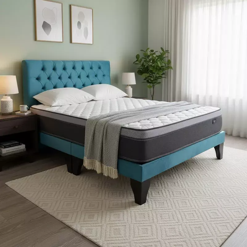 Cama Europea Super King + Respaldo Capitones Turquesa +Colchón 200x200-2