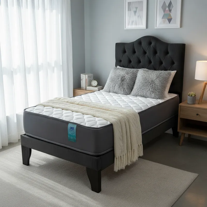 Cama 1,5 Plazas Abotonada 105X190cm + Respaldo Negro + Colchon Flobal-3