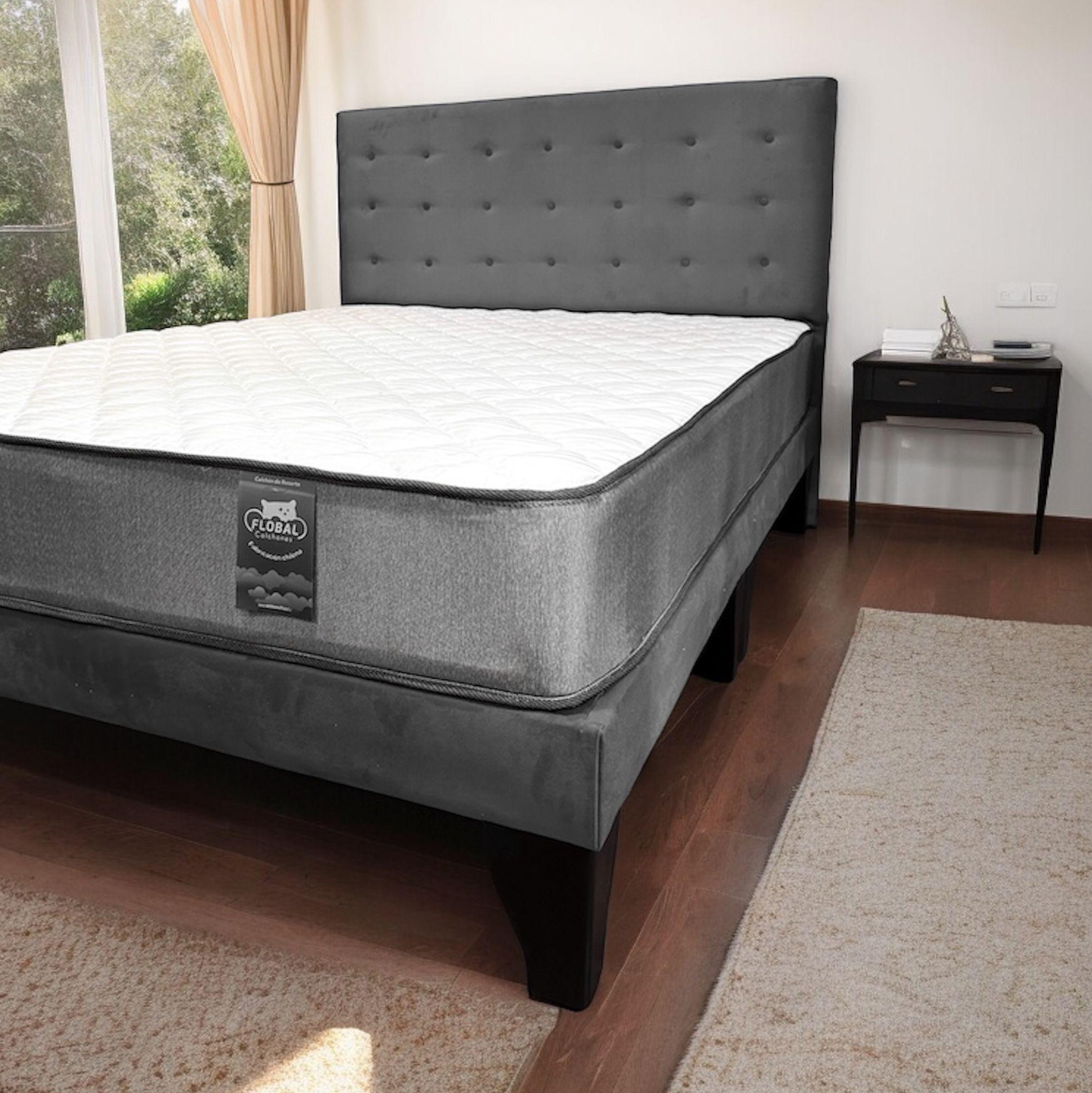 Cama 2 Plazas Abotonada 150X190cm + Respaldo Gris + Colchon Flobal-2