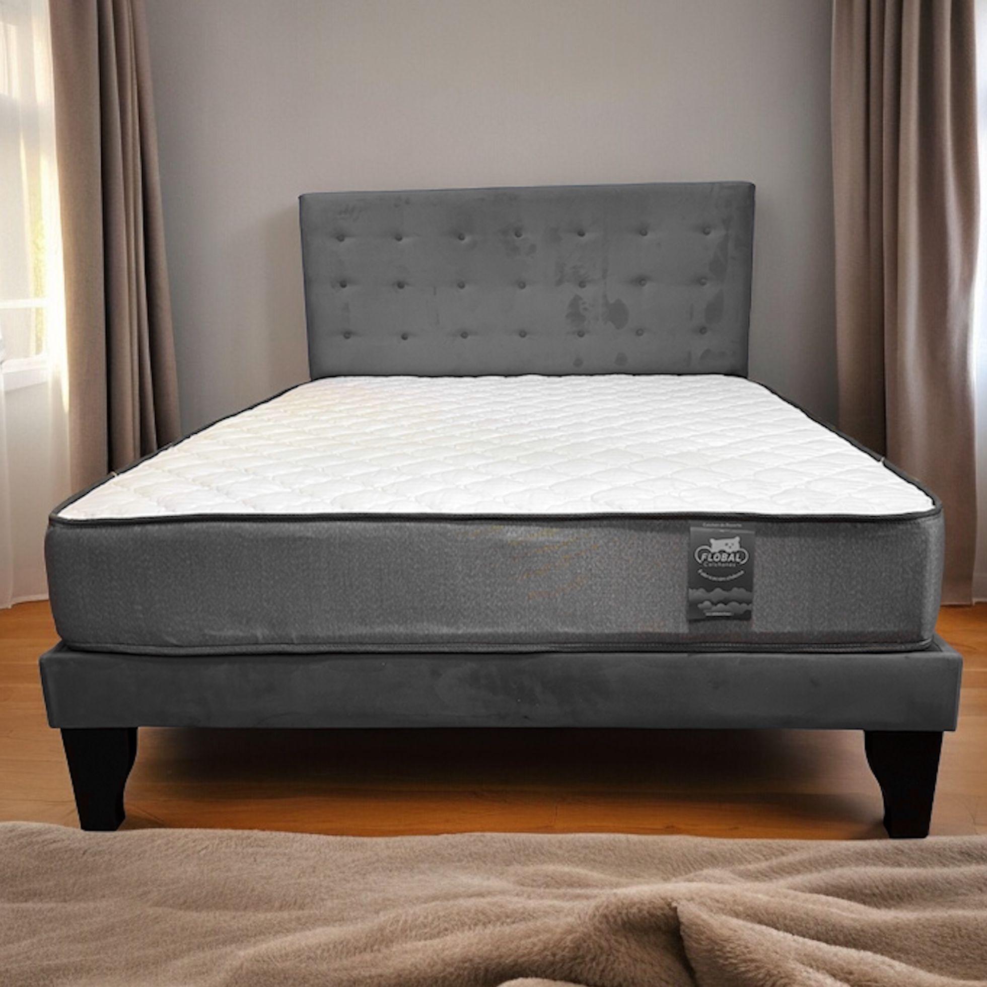 Cama 2 Plazas Abotonada 150X190cm + Respaldo Gris + Colchon Flobal-3