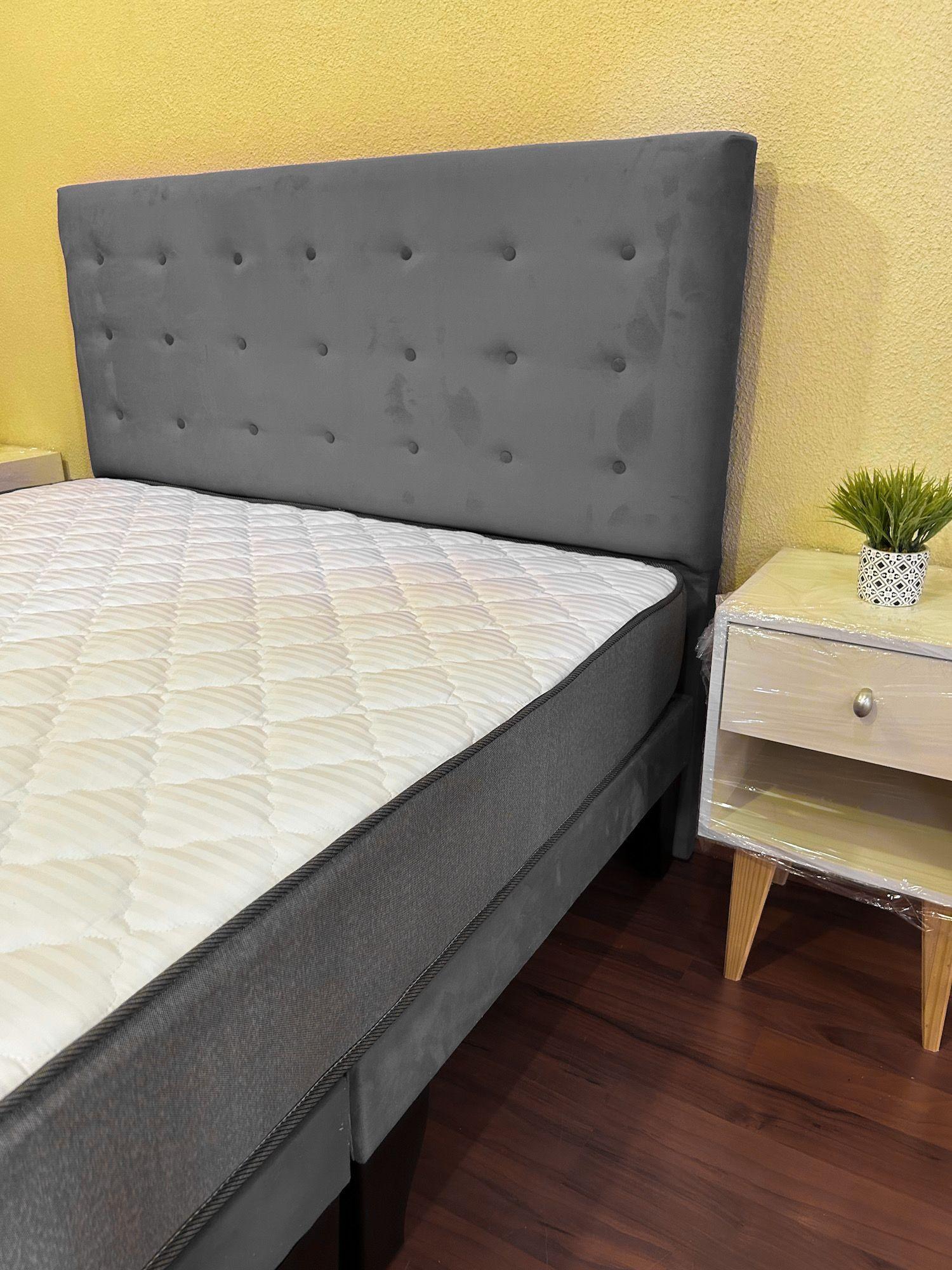 Cama 2 Plazas Abotonada 150X190cm + Respaldo Gris + Colchon Flobal-4