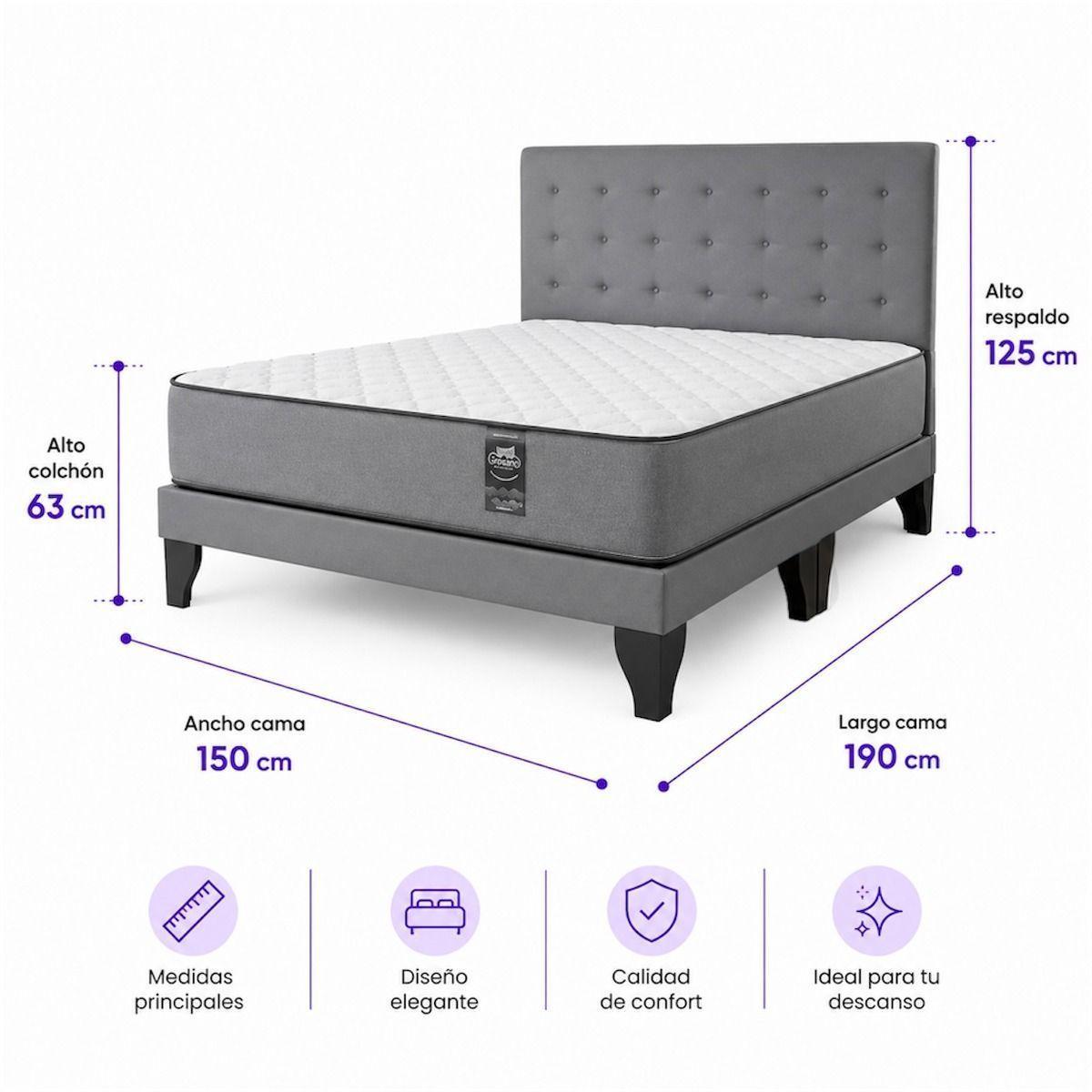 Cama 2 Plazas Europea + Colchón Funcional 28cm Gris Abotonada -4
