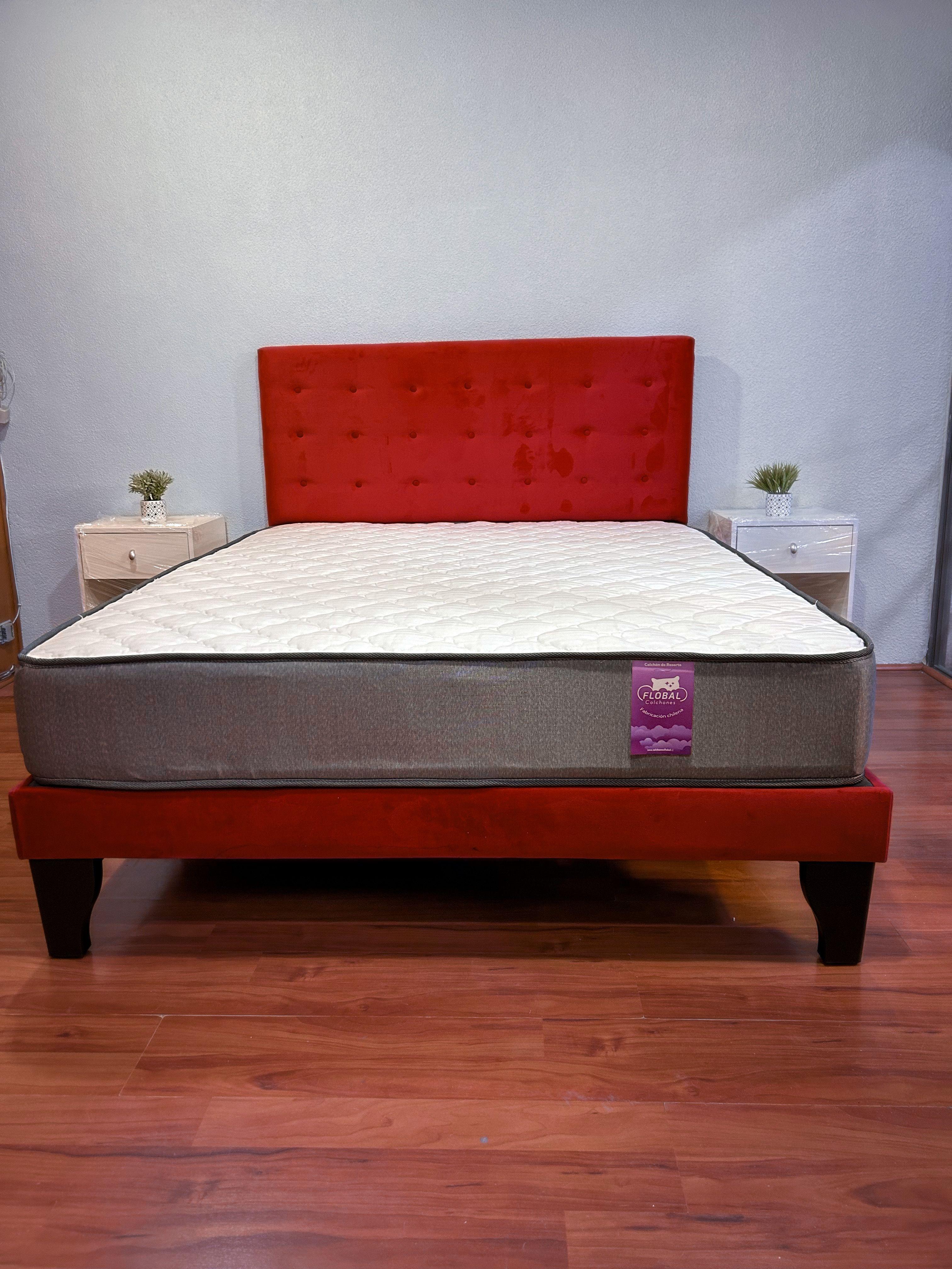 Cama 2 Plazas Abotonada 150X190cm + Respaldo Rojo + Colchon Flobal-2