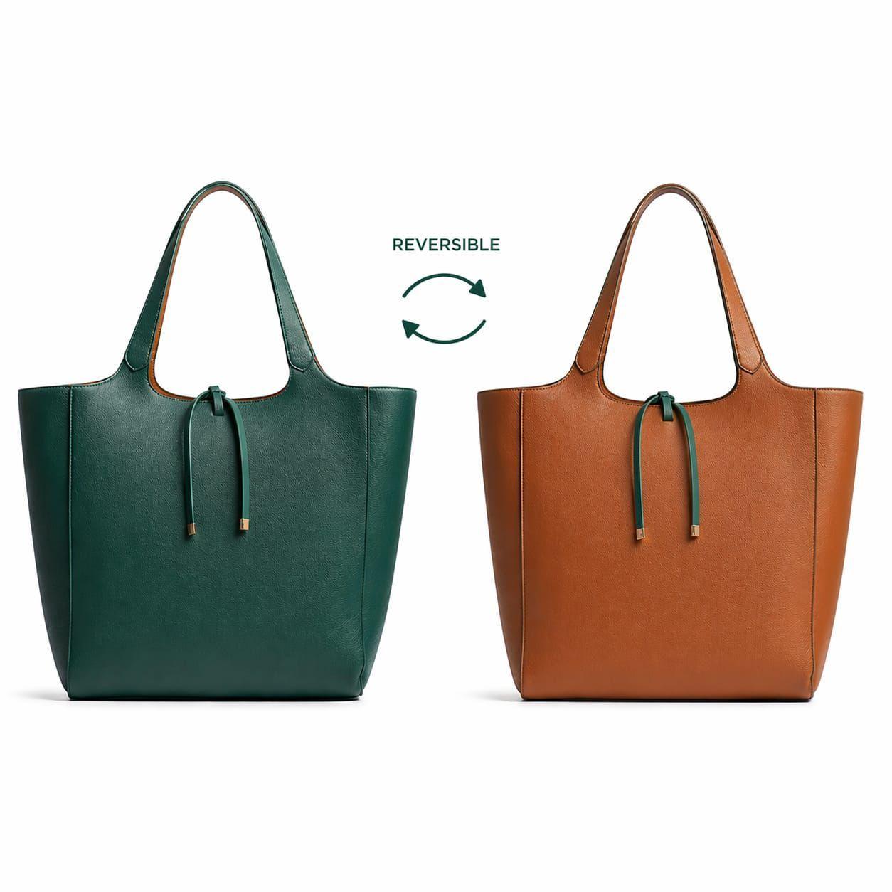 CARTERA SHOPPER REVERSIBLE VERDE Y CAFE CLARO CON ESTUCHE-2