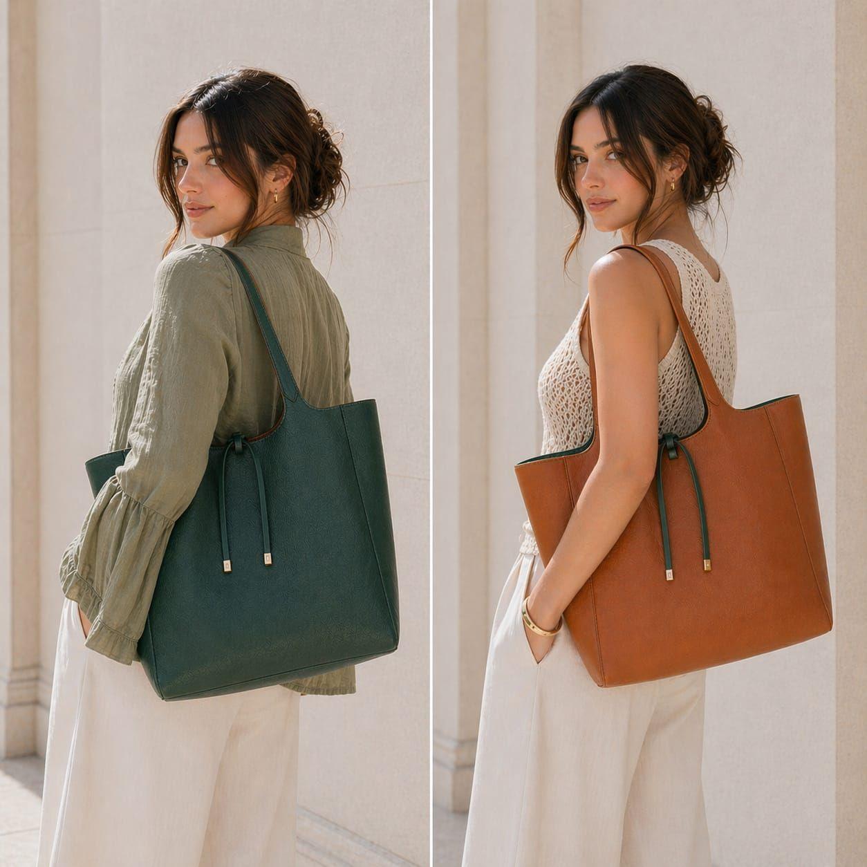 CARTERA SHOPPER REVERSIBLE VERDE Y CAFE CLARO CON ESTUCHE-3