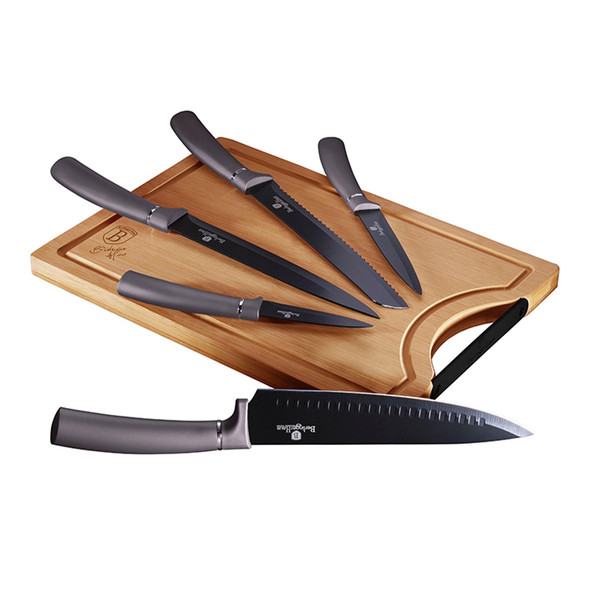 Set de cuchillos 6 pcs  gris+ tabla de bambu-2