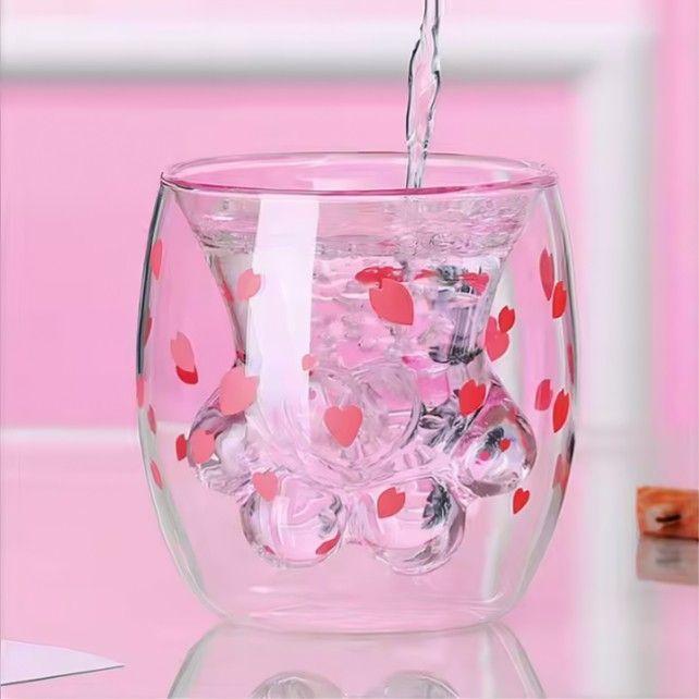 Taza Vaso Doble Vidrio Pata Gato Sakura T-00040-1-3