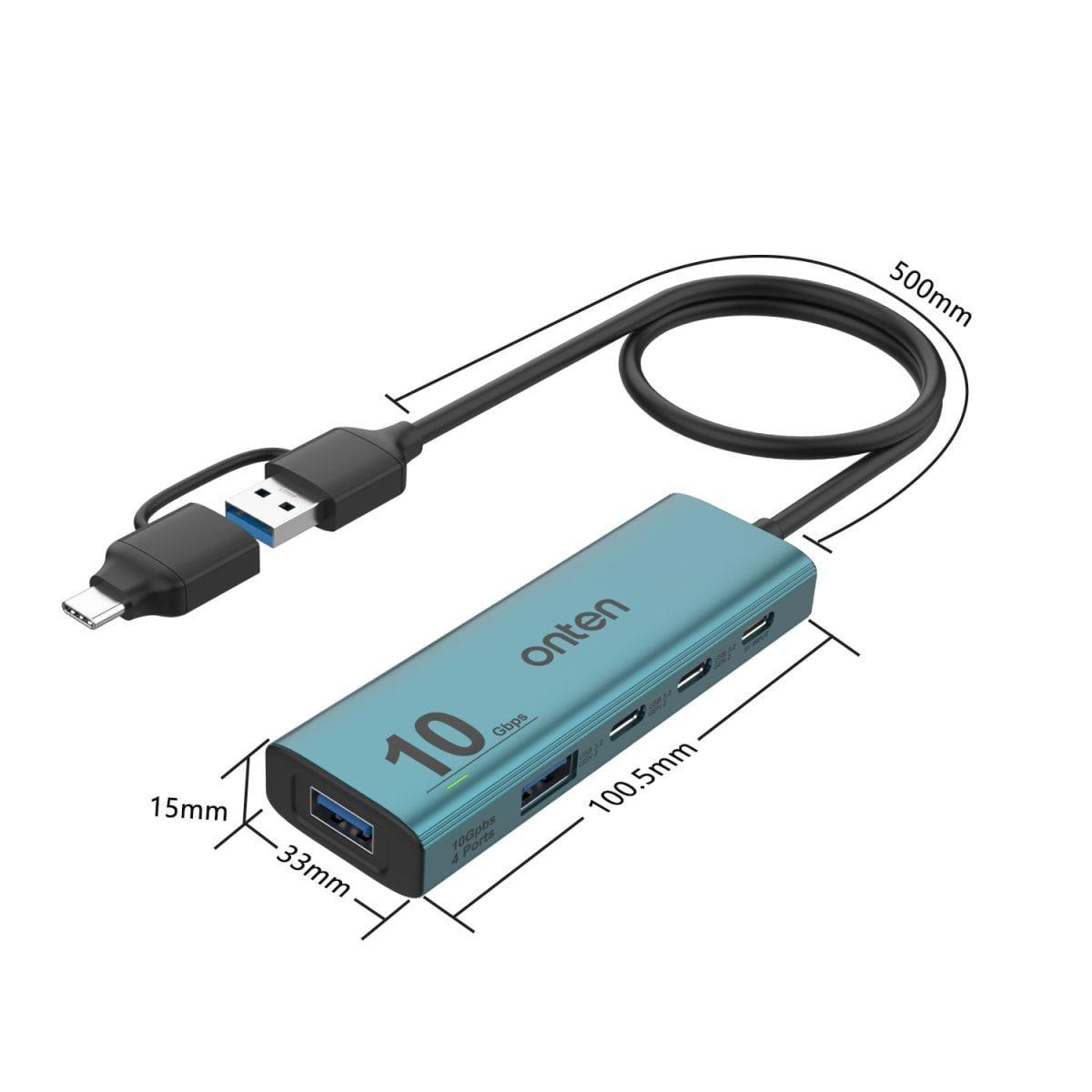 Hub 5 en 2 de 4 Puertos USB 3.2 Gen 2 10G con Cargador Onten-3