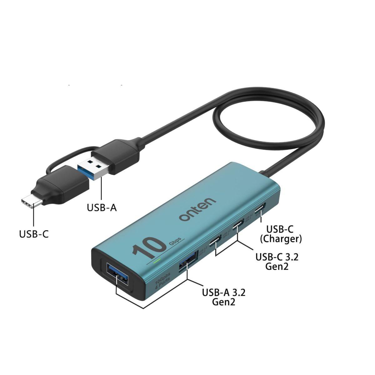Hub 5 en 2 de 4 Puertos USB 3.2 Gen 2 10G con Cargador Onten-4