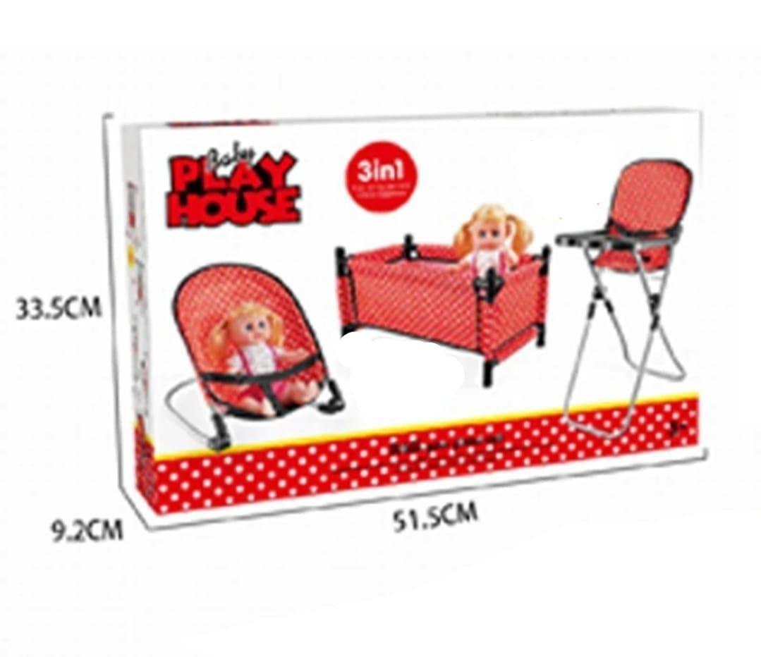 Set de Accesorios para Muñeca, Cuna Silla Mecedor de Juguete 3 en 1, Rojo-2