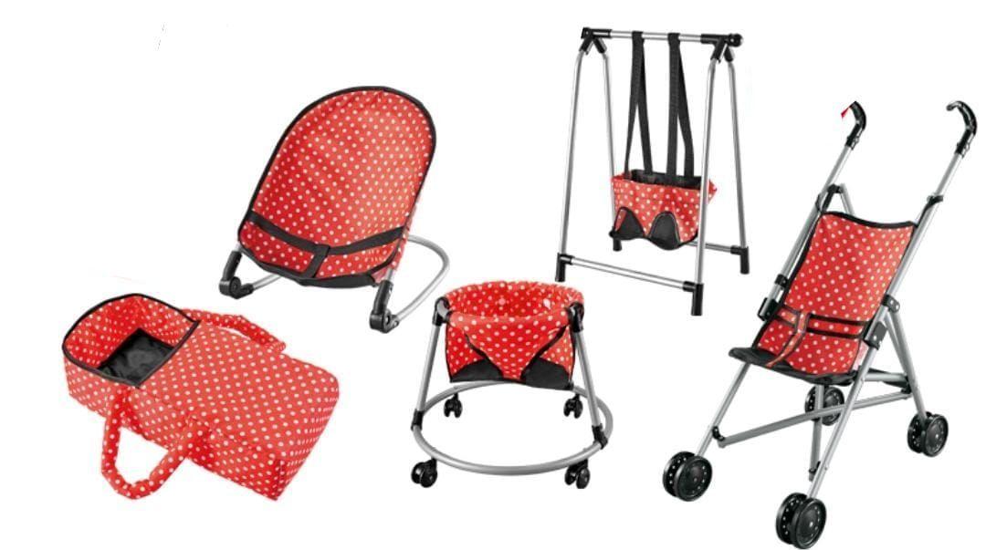 SET PARA MUÑECAS COCHE COLUMPIO MECEDORA ANDADOR ROJO 5 EN 1-0