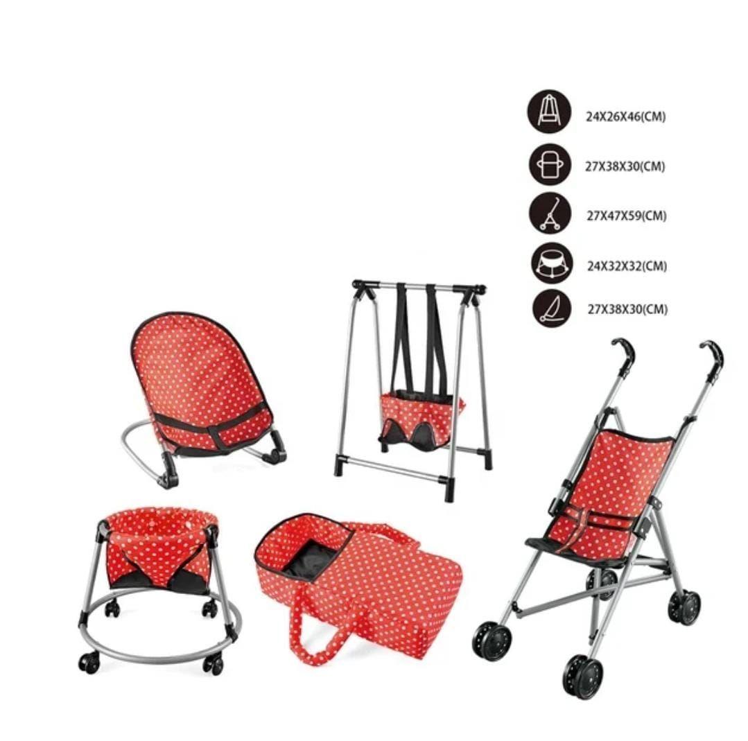 SET PARA MUÑECAS COCHE COLUMPIO MECEDORA ANDADOR ROJO 5 EN 1-1