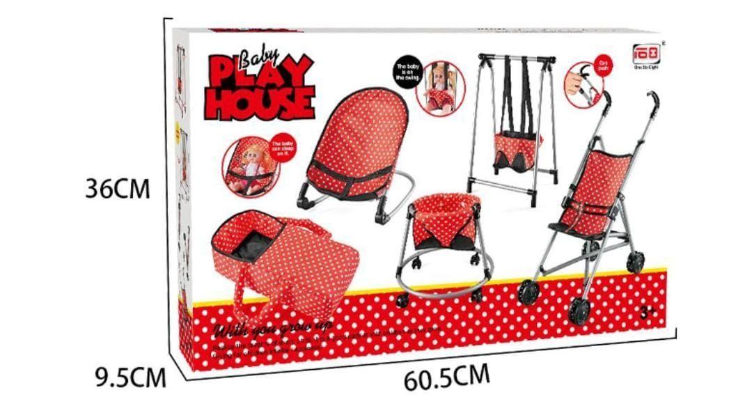 SET PARA MUÑECAS COCHE COLUMPIO MECEDORA ANDADOR ROJO 5 EN 1-3