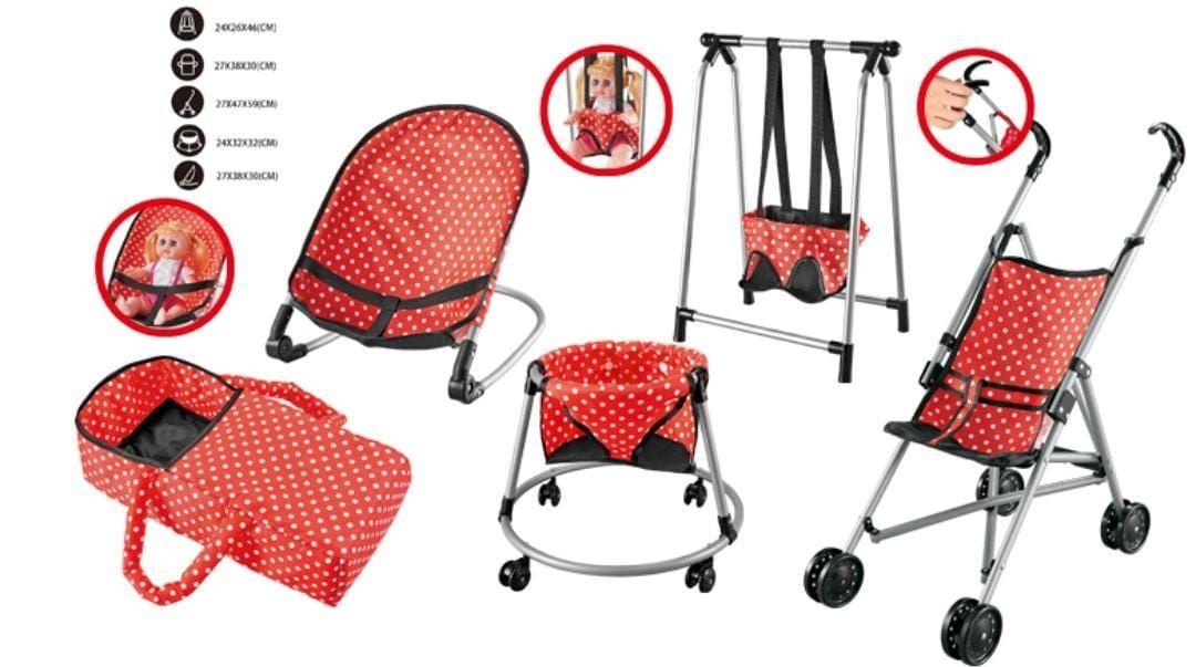 SET PARA MUÑECAS COCHE COLUMPIO MECEDORA ANDADOR ROJO 5 EN 1-4
