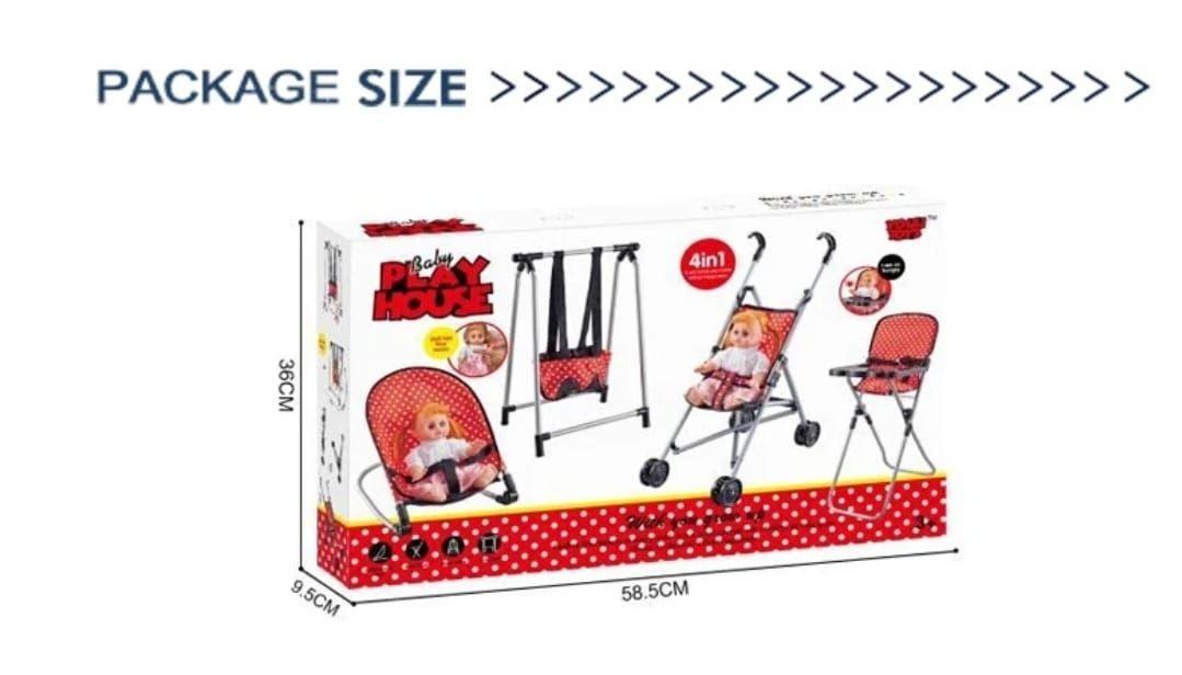 Muñeca con accesorios, coche, silla, mecedora y columpio Rojo-3