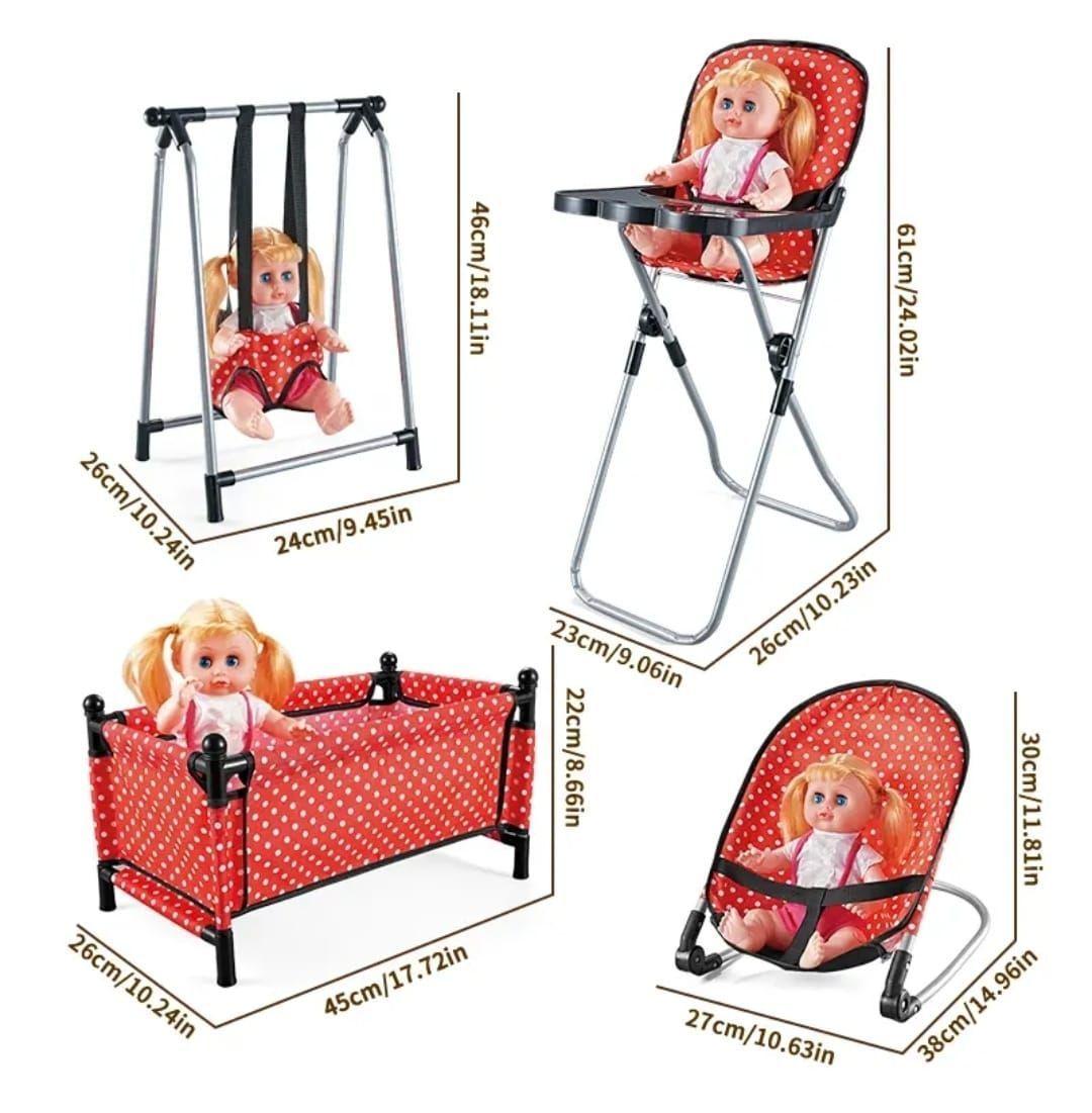 Set para muñeca, cuna columpio silla y mecedora 4 en 1 Rojo-1