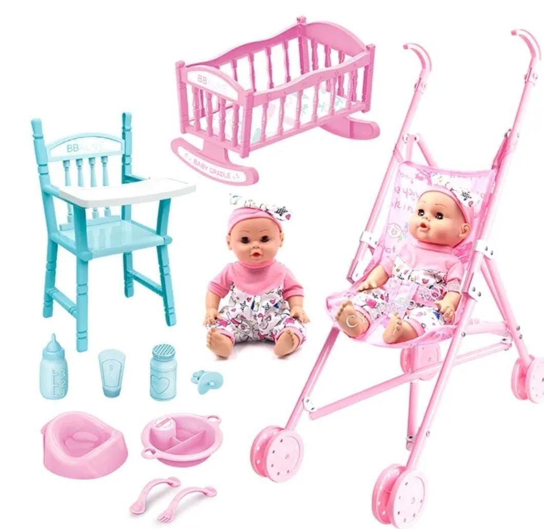 SET MUÑECA CON ACCESORIOS DE JUGUETE COCHE CUNA SILLA Y MAS-0