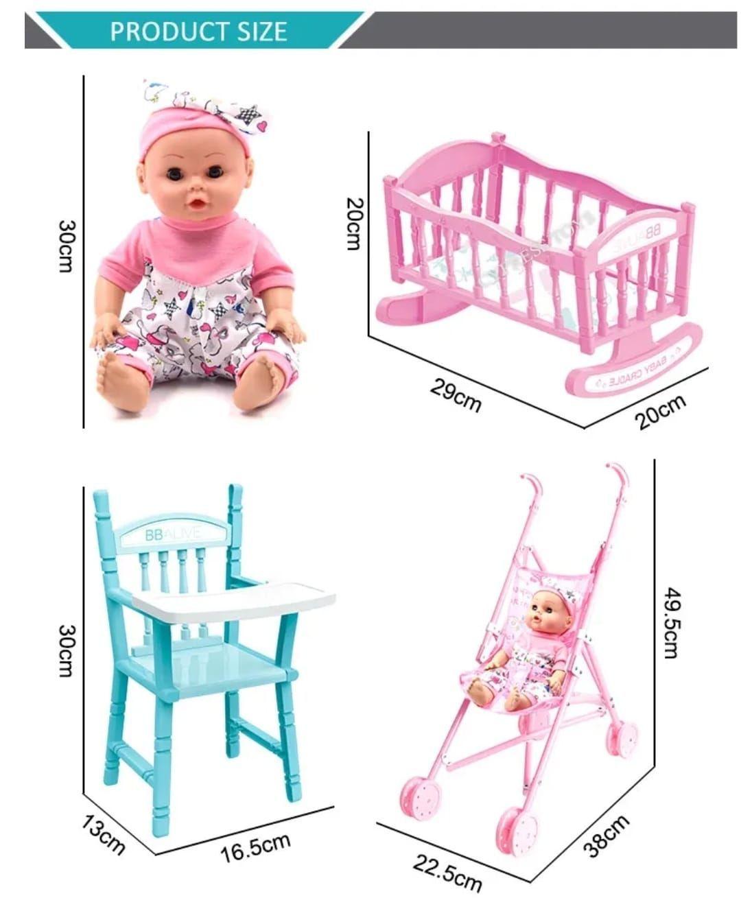 SET MUÑECA CON ACCESORIOS DE JUGUETE COCHE CUNA SILLA Y MAS-1
