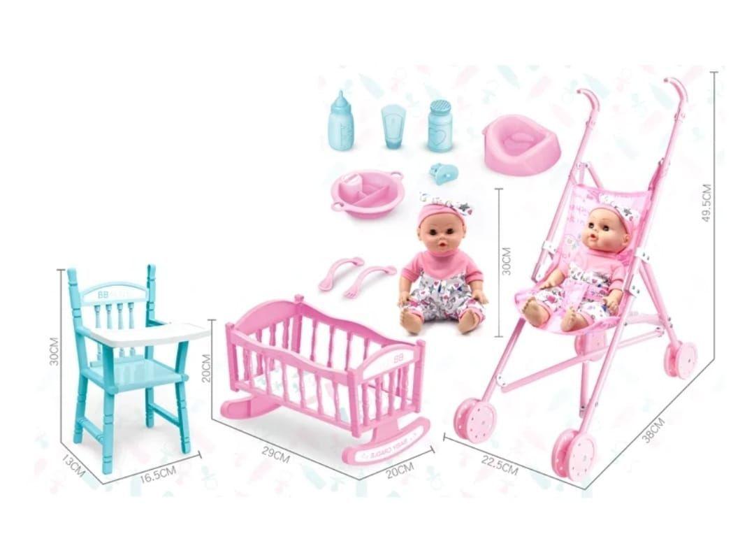 SET MUÑECA CON ACCESORIOS DE JUGUETE COCHE CUNA SILLA Y MAS-2
