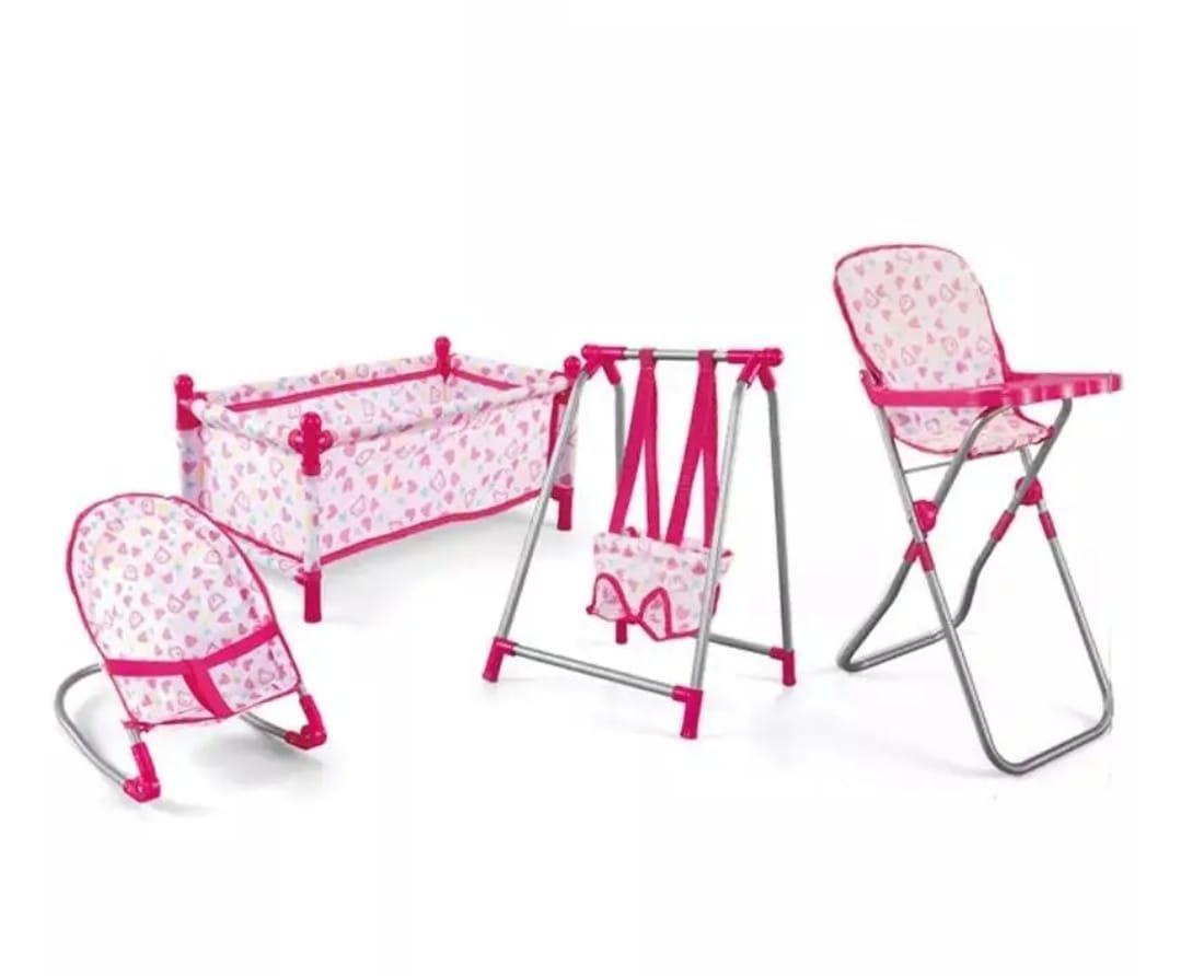 Muñeca con Accesorios Cuna silla Columpio y Mecedora Rosado-2