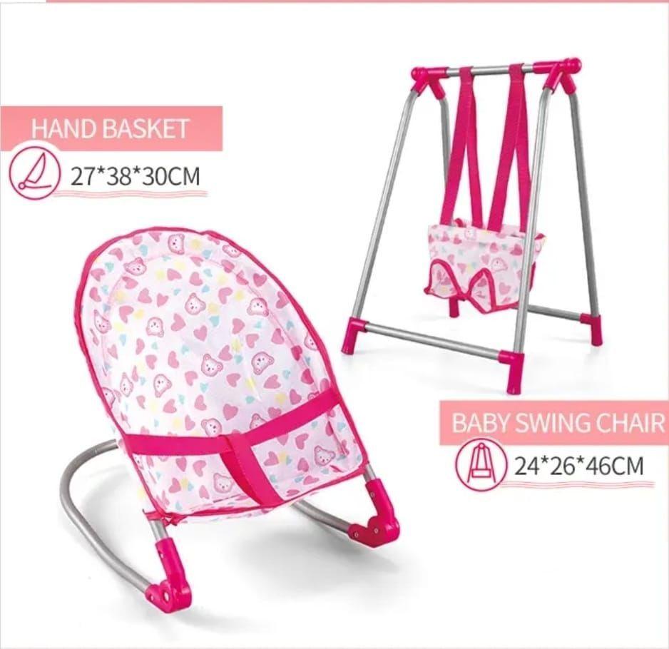 Muñeca con Accesorios Cuna silla Columpio y Mecedora Rosado-6