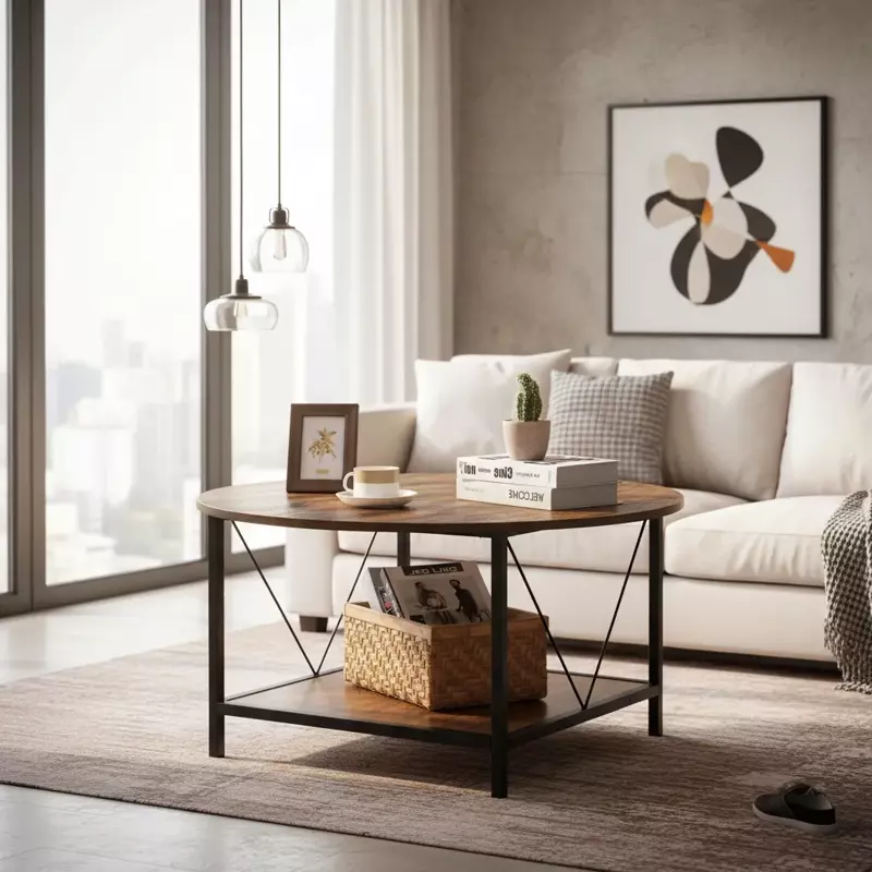 MESA DE CENTRO LATERAL LIVING REDONDA DOBLE NIVELES - MARRON OSCURO-2