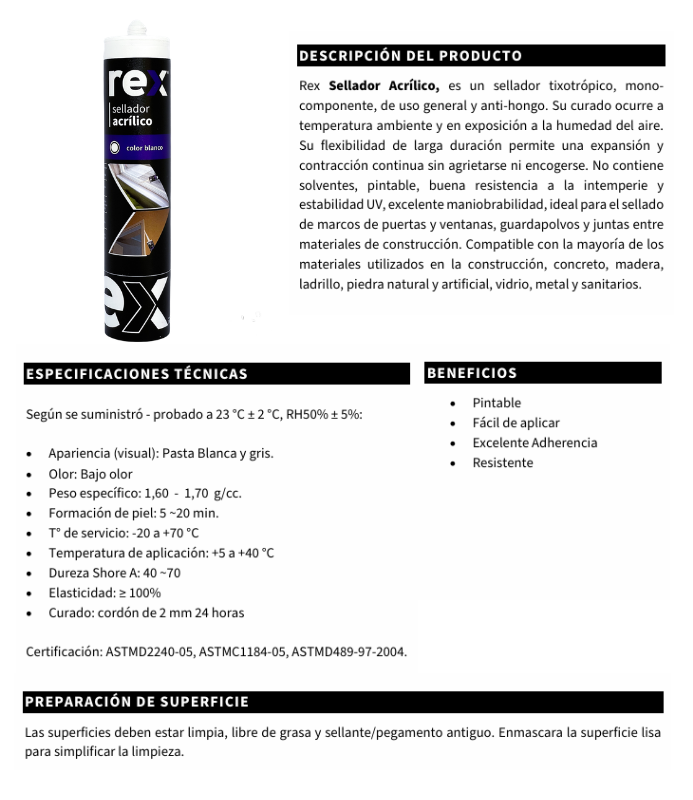 Sellador Acrílico Anti Hongo Color Blanco 300ml REX-4