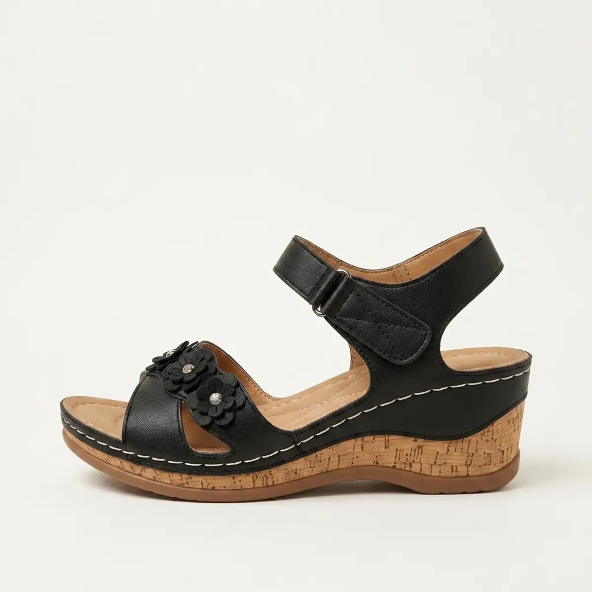 Sandalia Plataforma Mujer Cu a Corcho Taco Negra con Flores Chala Verano-0