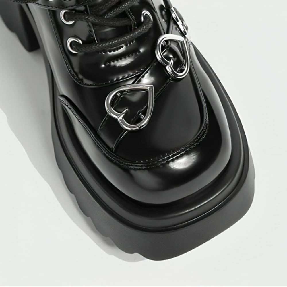 Botin Zapato Plataforma Charol Negro Hebillas Corazon Chunky Sole Gotico-2
