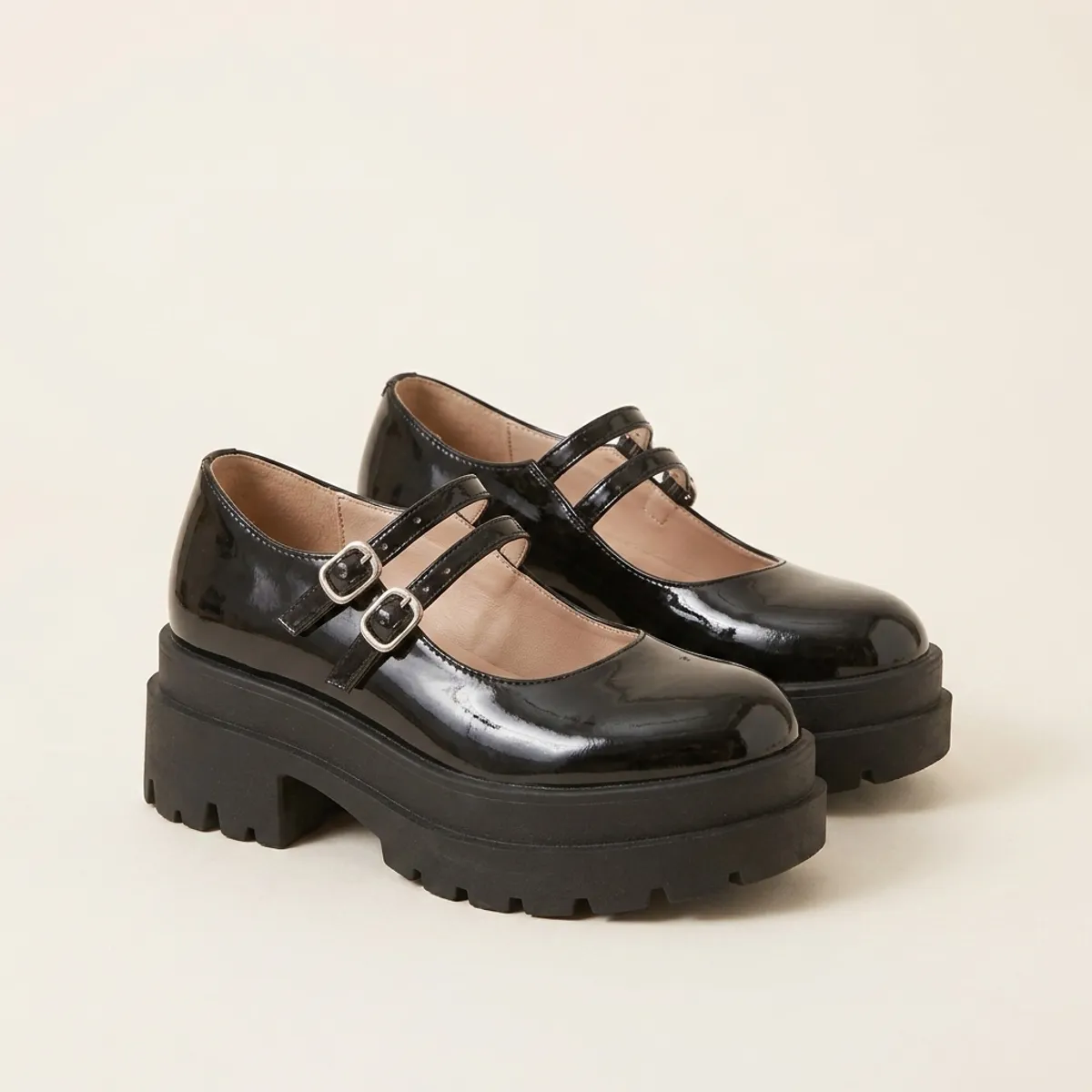 Zapato Mary Jane Mujer Negro Charol Suela Track Plataforma-1