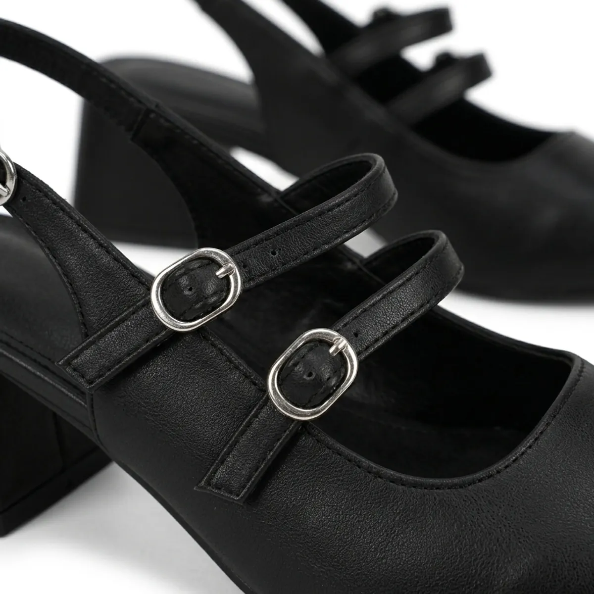 Zapatos Slingback Mujer Negro Punta Cuadrada Correas Taco Ancho Talón Abierto Ma-2
