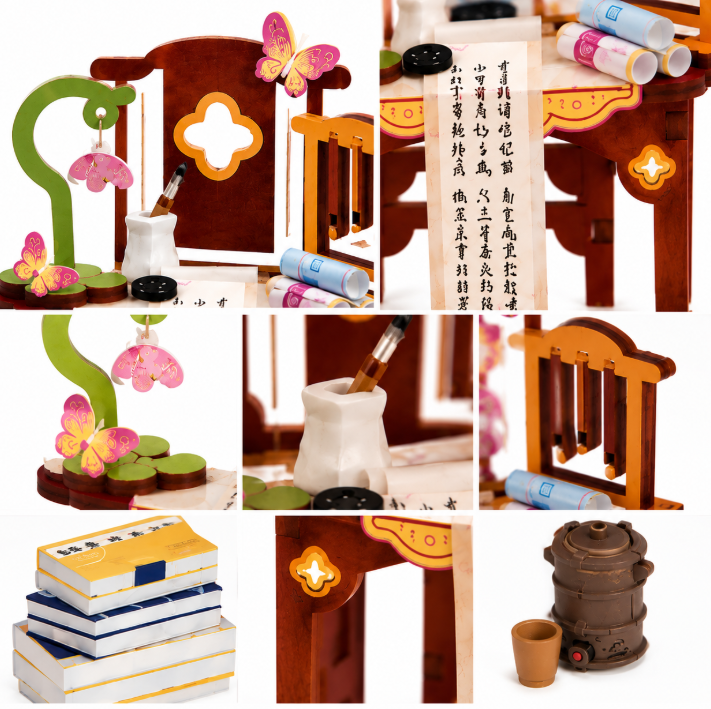 Mini Escritorio de Madera DIY Estilo Oriental Antiguo Armable Kawaii-2