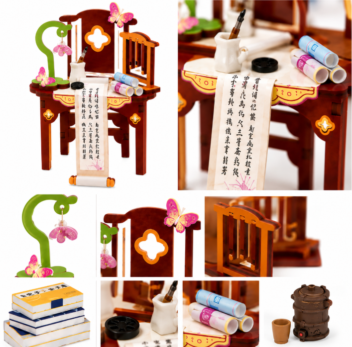 Mini Escritorio de Madera DIY Estilo Oriental Antiguo Armable Kawaii-3