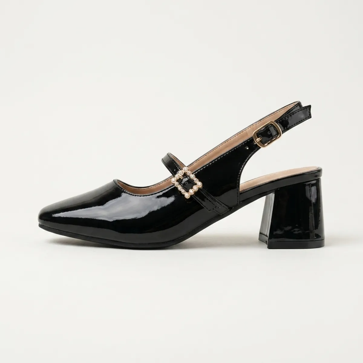 Zapato Mujer Slingback Taco Grueso Hebilla Perlas Charol Negro-0