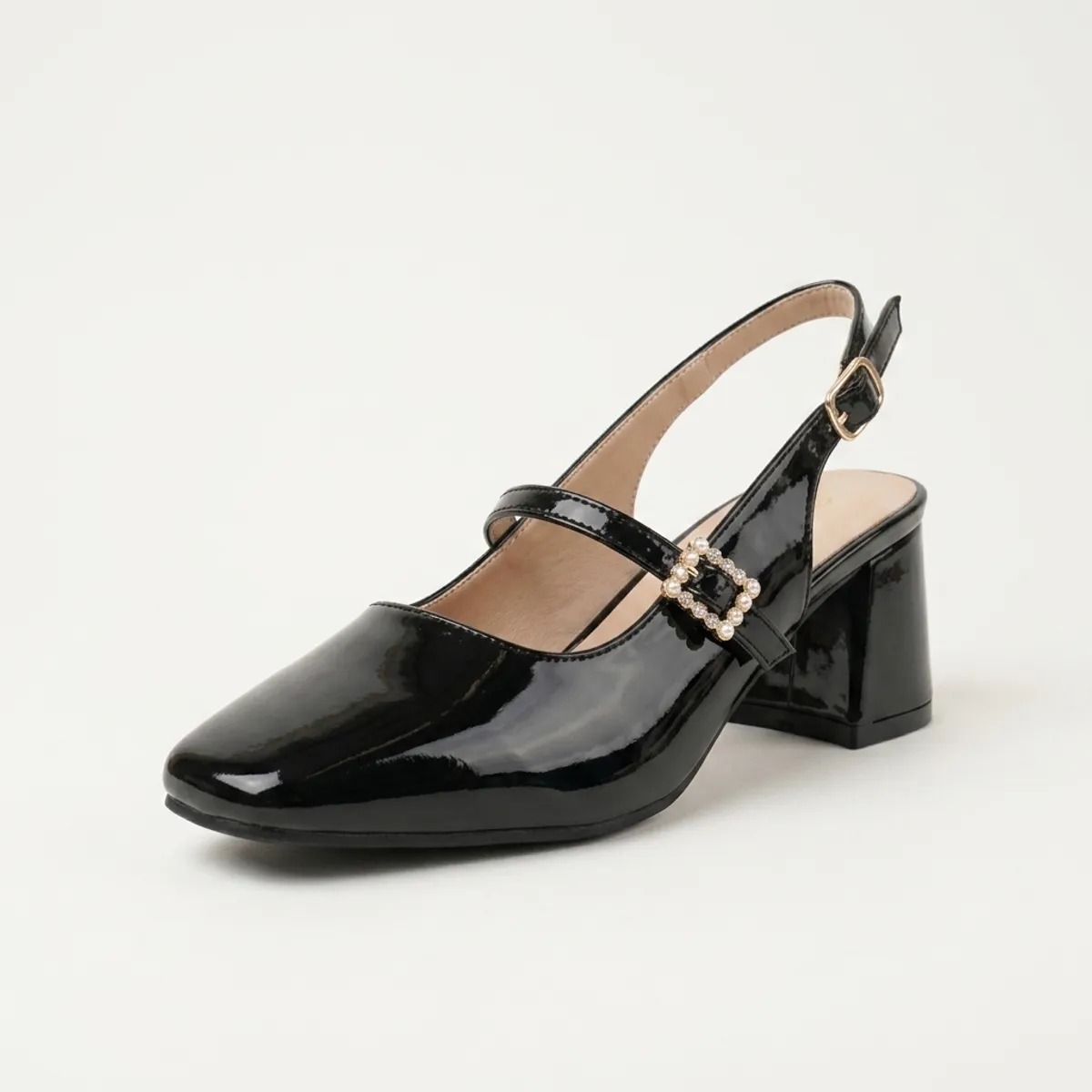 Zapato Mujer Slingback Taco Grueso Hebilla Perlas Charol Negro-1