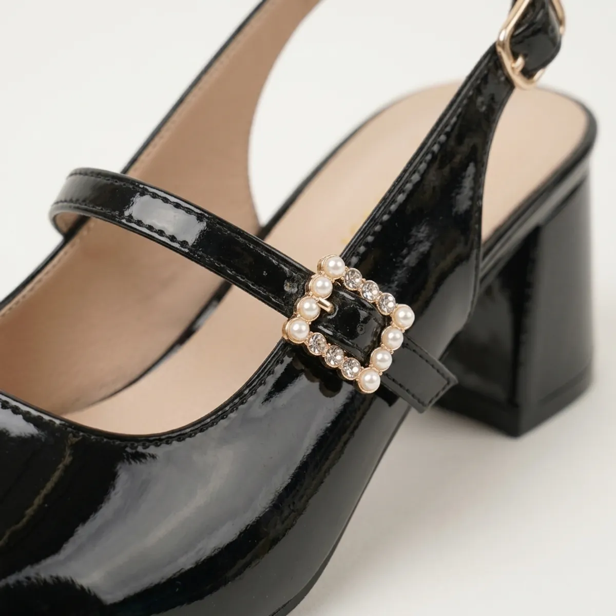 Zapato Mujer Slingback Taco Grueso Hebilla Perlas Charol Negro-2
