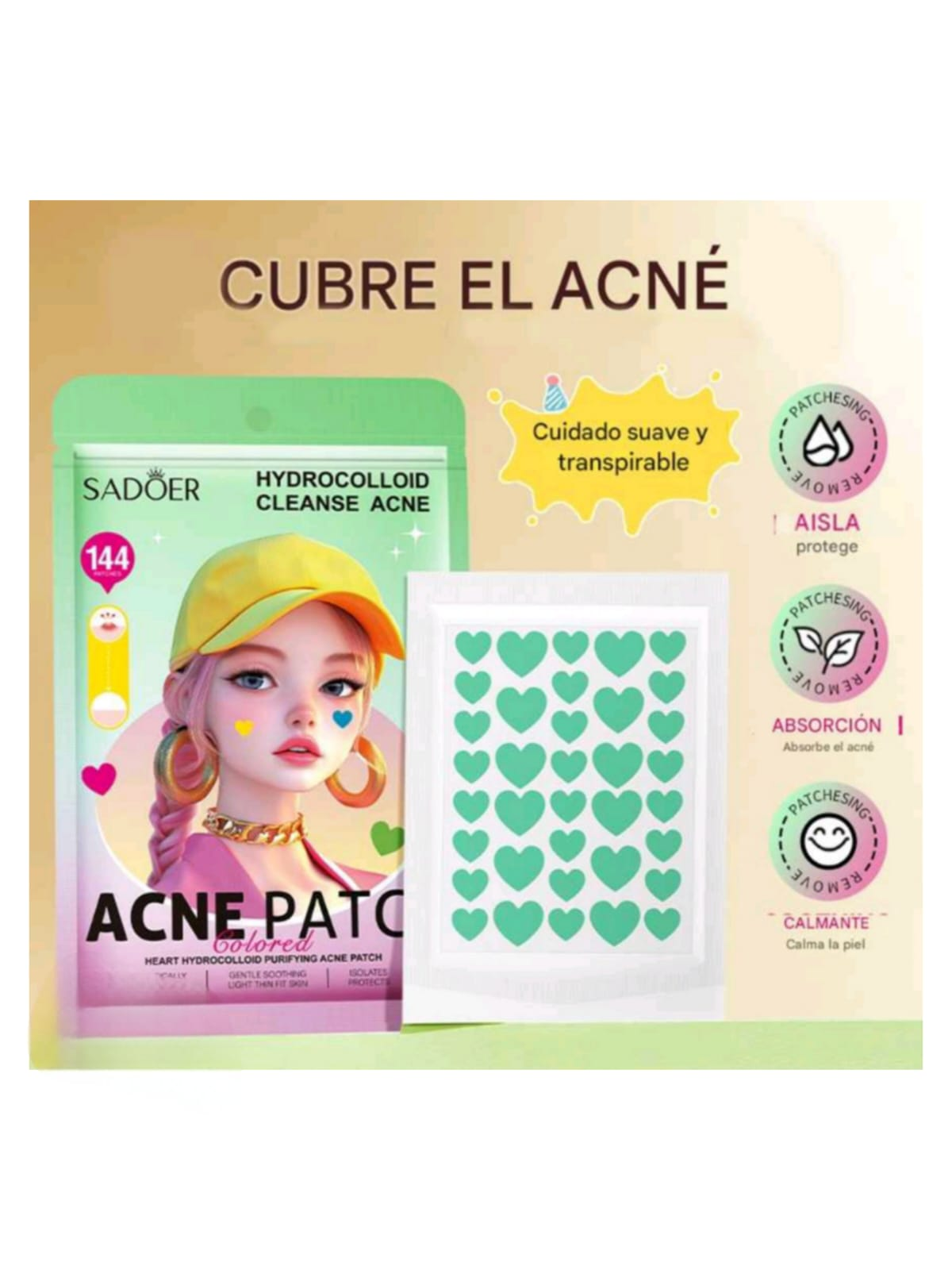 Parches para Acn Sadoer Hidrocoloide Corazones Set 144 Unidades Coloridos-1