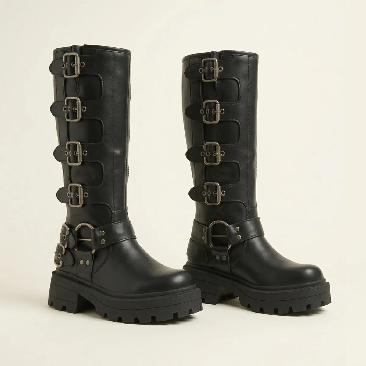 Botas Altas Gotica Plataforma Hebillas Cremallera Negra Mujer-1