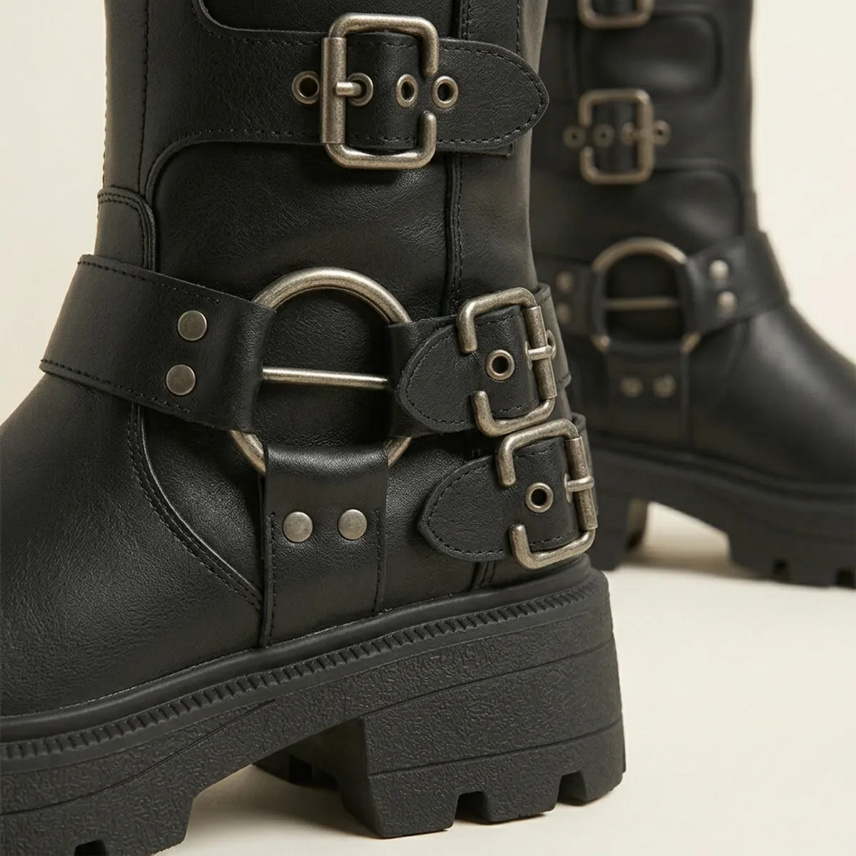 Botas Altas Gotica Plataforma Hebillas Cremallera Negra Mujer-2